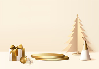 New Years minimal rendered stand 3d with gold tree and podium product. Christmas tree background vector 3d rendering with gold podium. stand to show product. Stand product showcase on christmas gold