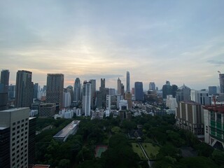 Wide View of rooftop with down town cityscape and many high buildings