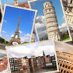 Fototapeta premium Vintage travel background with retro photos of european landmarks