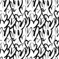 Abstract seamless heart pattern. Ink illustration. Black and white.