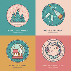 Holiday Collection of Round Christmas card Templates. Simple Icons of Christmas tree, Star, Ray and Radiance, Champagne, Glasses, Snow Globe, Festive Wreath. Line art Elements for Greeting, Tag, Label