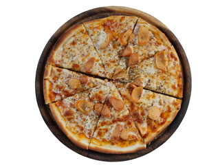 Top view of  Italian sausage pizza with ham and mozzarella on a wooden bard isolated on white...