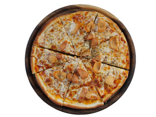 Top view of  Italian sausage pizza with ham and mozzarella on a wooden bard isolated on white background
