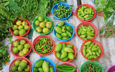 Variety of vegetable in basket for sale at thailand local market.
