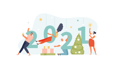 Happy people celebrating the New year 2021. Merry Christmas. Vector illustration banner