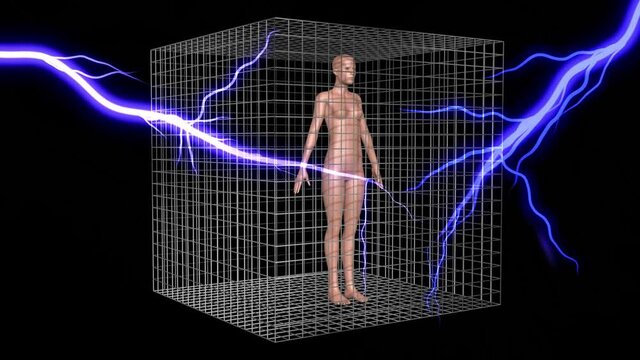 Woman in metal cage . Human inside faraday cage . 3d animation render