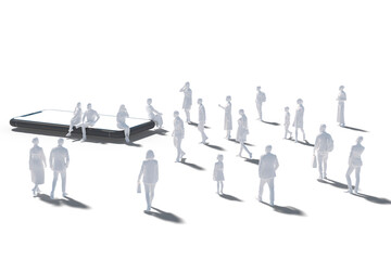 Cell Phone Isolated Against White With A Crowd Of White Figurines, Eye Line Angle View. 3d Rendering.