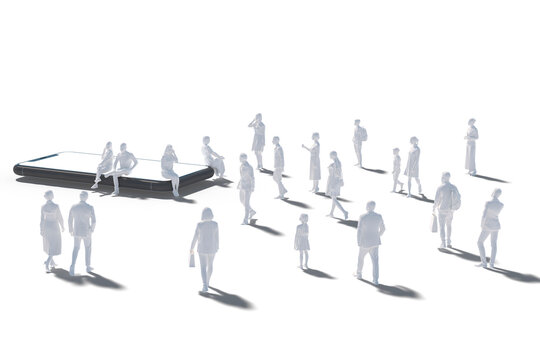 Cell Phone Isolated Against White With A Crowd Of White Figurines, Eye Line Angle View. 3d Rendering.