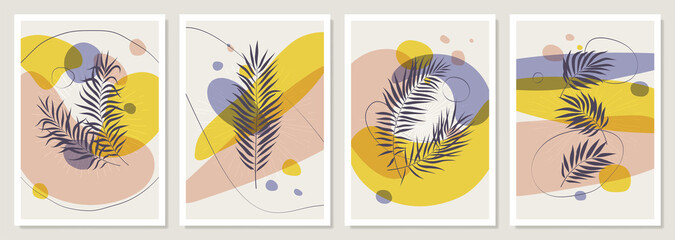 Posters with geometric shapes, tropical plants and leaves, pastel color combinations with sunbeams, summertime party design wall art, vector illustration