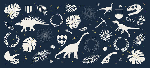 Collection of dinosaur silhouettes, shields, tropical leaves and plants, sun rays and wreaths, other decorative elements, composition from vector illustrations on a dark background