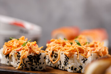 Still life with appetizing rolls. Japanese food concept. Close-up.