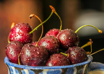 Ripe cherries with drops in blue circle