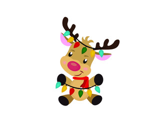 Christmas Vector illustration. Reindeer peeking holding symbol. santa deer sign, Flat style for graphic, web design, Icon, copy space, sale, merry christmas