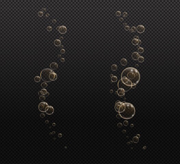 Gold fizzy bubbles. Sparkles champagne. Fizzy pop and effervescent drink. Abstract fresh soda and air bubbles, oxygen, champagne crystal. Vector illustration on black transparent background.