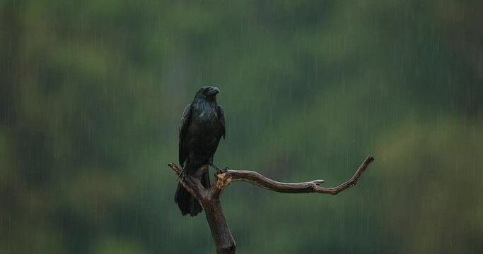 Raven resting on a branch during the rain