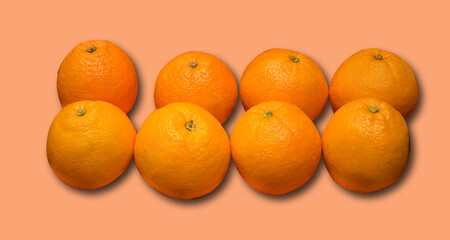 eight fresh mandarin orange  on orange background with clipping path.