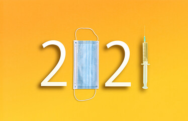 happy new year 2021. Year 2021 with Medical protective Surgical masks and Vaccine
