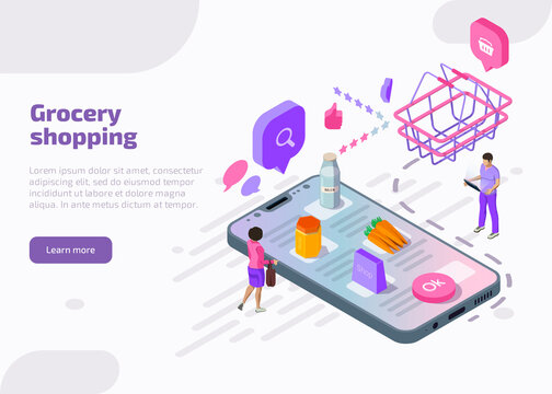 Grocery shopping online concept. Isometric smartphone screen with supermarket basket, vegetables, food, beverage. People by app on mobile devices make a purchase, buy products, goods or order delivery