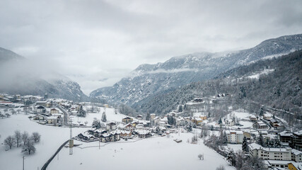 Fototapeta na wymiar Winter aerial panoramic landscape in Valle d'Aosta. Italy. view of Antey-Saint-Andre from above