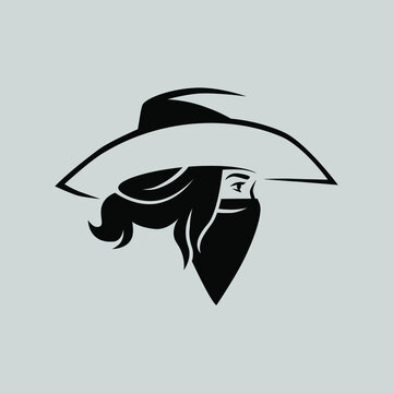 Cowgirl outlaw side view portrait symbol on gray backdrop. Design element