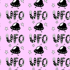 Seamless pattern with Flying Saucers, UFO. Vector background and texture for fabric, wrapping, wallpaper, textile, apparel, cover