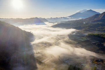 Beautiful Pinggan village covered misty at sunrise