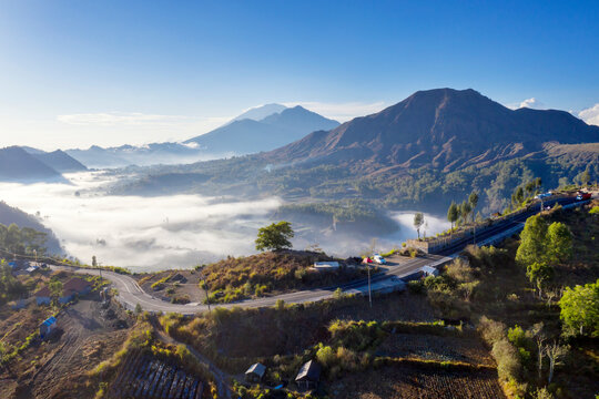 Beautiful Pinggan village scenery with mount Batur