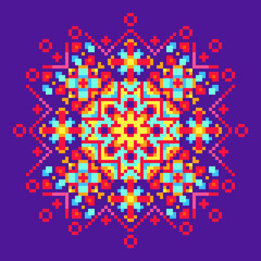 Abstract geometric triangle kaleidoscope mandala  pixel art  design symbol - symmetrical vector art pattern from colored triangles.  8-bit. Isolated vector illustration.