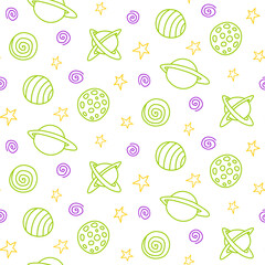 Baby space seamless pattern. Cartoon pink outline planets and stars. Vector cosmic background and texture. For kids design, fabric, wrapping paper, wallpaper, textile, apparel
