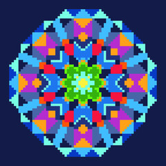 Abstract geometric triangle kaleidoscope mandala  pixel art  design symbol - symmetrical vector art pattern from colored triangles.  8-bit. Isolated vector illustration.