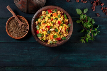 Moroccan couscous with ingredients, overhead flat lay shot on a dark background with copy space