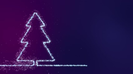 Merry Christmas greeting (Russian language). Drawing of christmas tree with blue and purple particles on gradient background. Snow flakes moving from the lines. - Powered by Adobe