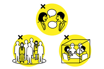 Avoid the Three Cs. Crowded place, Close-contact setting, Confined and enclosed space. Vector illustration.
