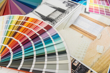 color samples and blueprint as architecture, interior design and renovation concept. Workplace Architect