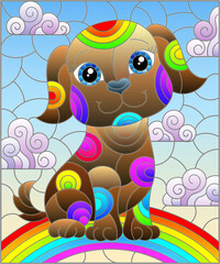 Illustration in stained glass style with abstract cute ,brown dog on a cloudy sky background with rainbow 