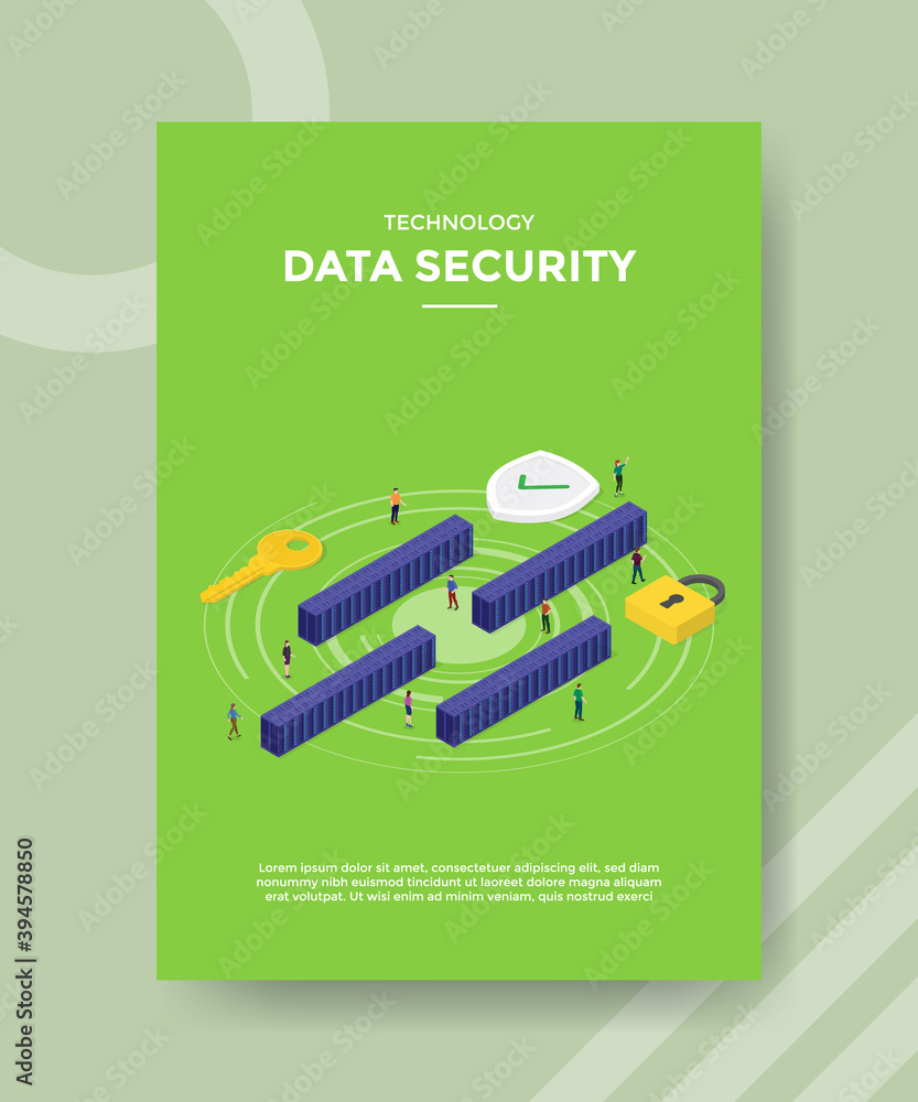 Poster technology data security people standing around server padlock shield key for template of banners, f