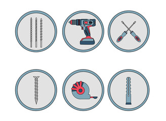 A set of icons from construction tools. Pins. Drilling machine, drill, screwdriver, self-tapping screw, dowel, tape measure. Power tools, hammer drill. Red, blue and gray.