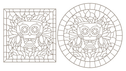 Set of contour illustrations of stained glass Windows with funny cartoon owles and Holly,  dark contours on a white background
