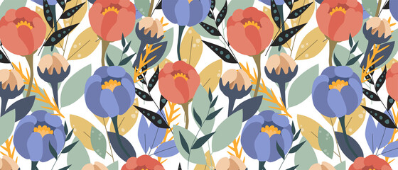 Seamless background of bright abstract flowers and twigs. a pattern of stylized flowers and different leaves. Vector graphics drawn by hand