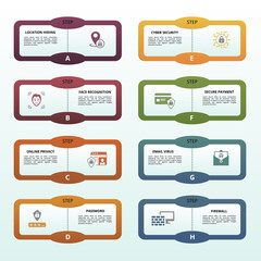 Infographic Internet Security template. Icons in different colors. Include Cyber Security, Password, Online Privacy, Face Recognition and others.