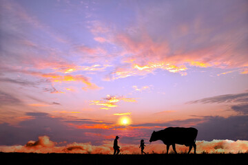 オレンジの空を背景に草原の牧場で牛を曳く少女と向き合う老人のシルエット