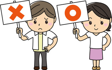 男女プラカード01_07（正解と不正解のプラカードを持つ男女のセット）