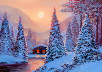  Winter landscape with a wooden small house by the  river. Oil painting landscape. - 394581413