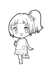 Black line a cheerful girl and raised two fingers. Hand drawn cute cartoon character. Doodle for coloring, decoration or any design. Vector illustration of kid.