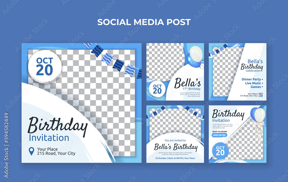 Wall mural birthday invitation social media post template. suitable for birthday celebration, wedding party and