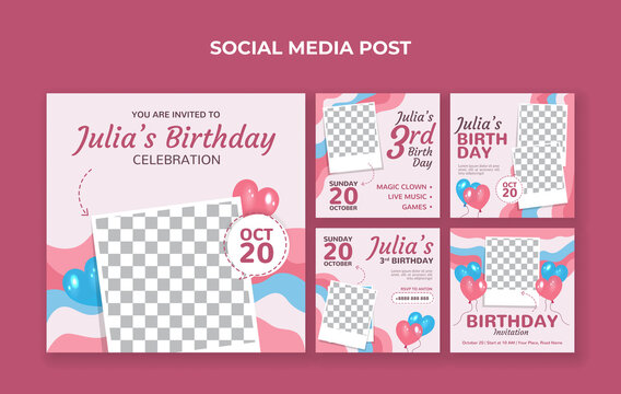 Kids birthday celebration social media post template. Suitable for kids birthday invitation or any other kids event