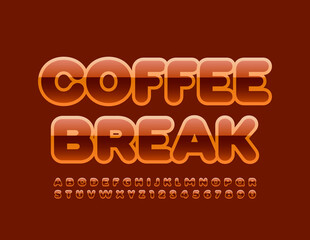 Vector creative emblem Coffee Break. Shiny Brown Font. Set of Glossy Alphabet Letters and Numbers set