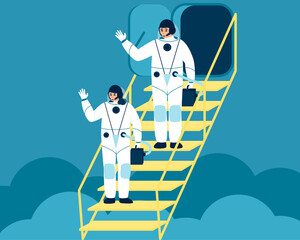 Astronauts woman and man climb the stairs to the spaceship. Farewell of the astronauts to the earth. Astronauts in spacesuits ready to fly. Flat vector illustration.