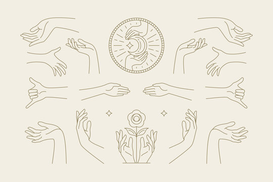 Female Hands Gestures Collection Of Line Art Hand Drawn Style Vector Illustrations.