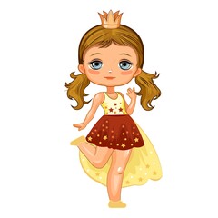 A cute little girl dressed as a princess. Cheerful funny child in a good mood. The isolated object on a white background. Young baby. Cartoon flat style. Vector